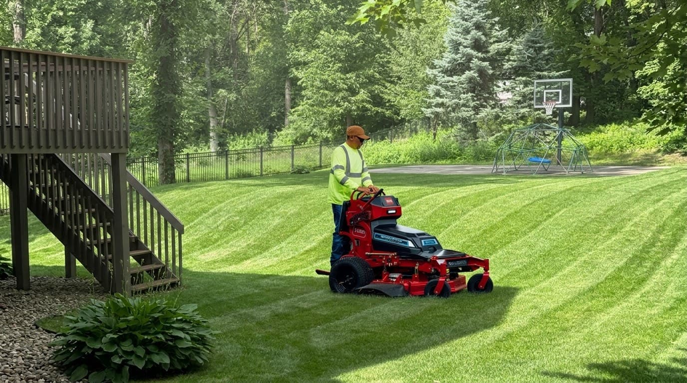 MowStandard crew member mowing a residential lawn with even stripes in Minnesota